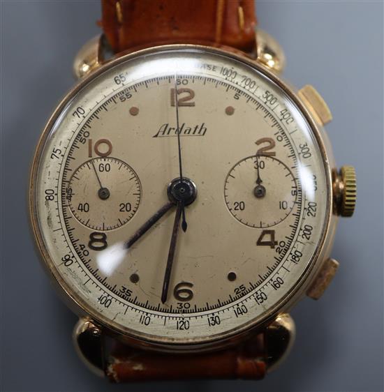 A gentlemans 1950s? 18ct gold Ardath chronograph manual wind wrist watch,